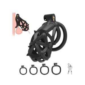 Male Chastity Device Cock Cage Tease Resin Chastity Locked Penis Cage with Removable Soft Silicone Spikes 4 Different Size Rings for Penis Exercise Romi Long