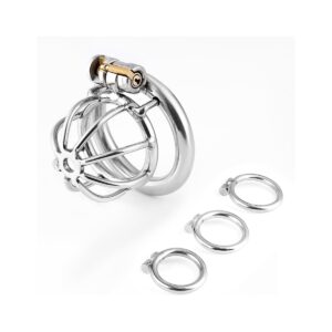 Silent Lock Stainless Steel Chastity Cage with 1-Way Belt and 3 Size Rings- Adult Sex Toy for Bondage